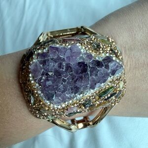 Gold-Tone Amethyst Cluster Statement Cuff Bracelet